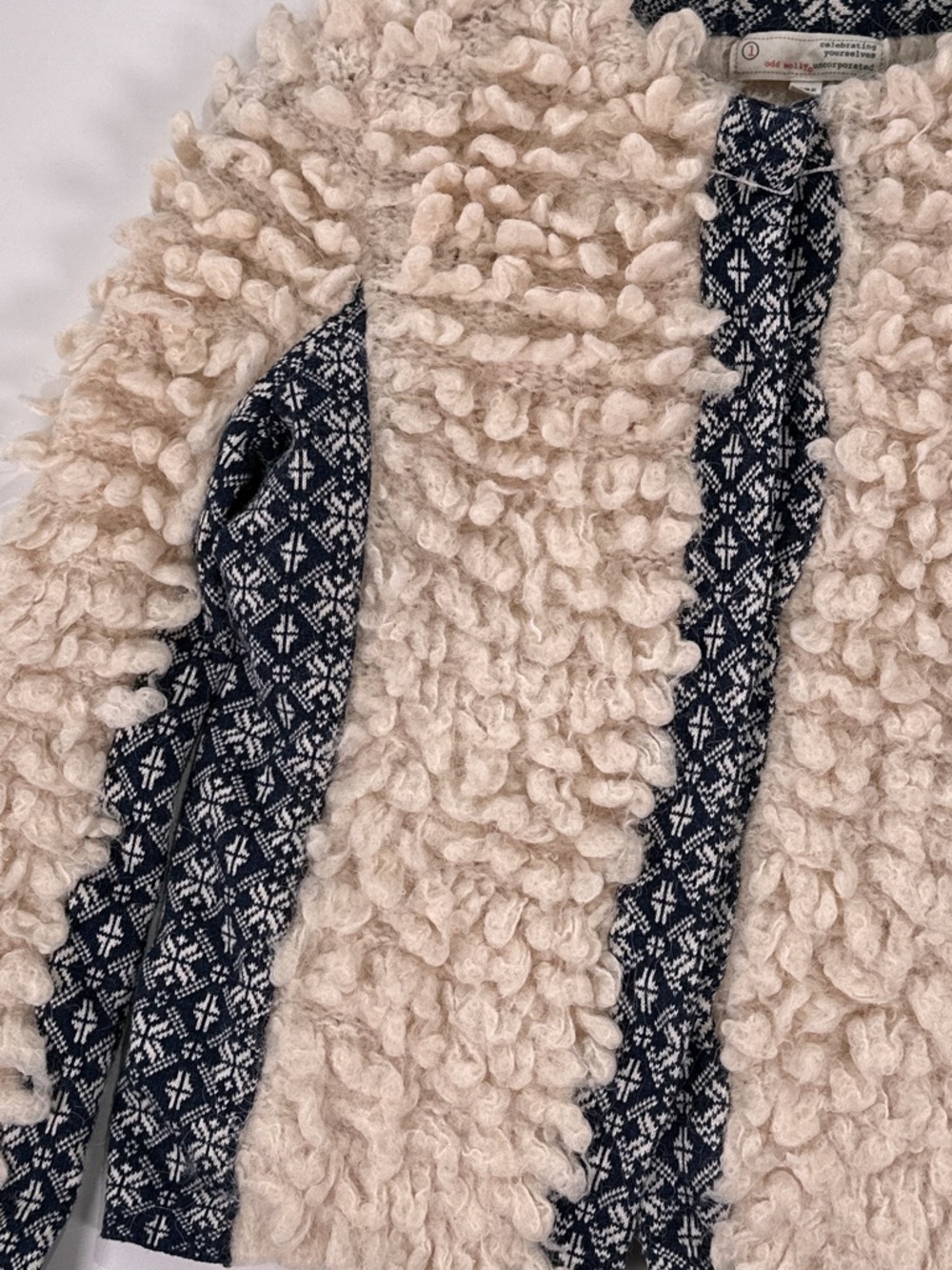 Odd Molly Shaggy Loop Knit Cardigan Fair Isle Alpaca Wool Blend Cream Navy Small - Picture 10 of 13